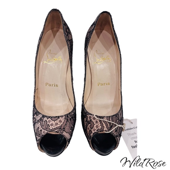 CHRISTIAN LOUBOUTIN Very Prive Nude Satin & Floral Lace Peep Toe Heels SZ 38 - Picture 3 of 17